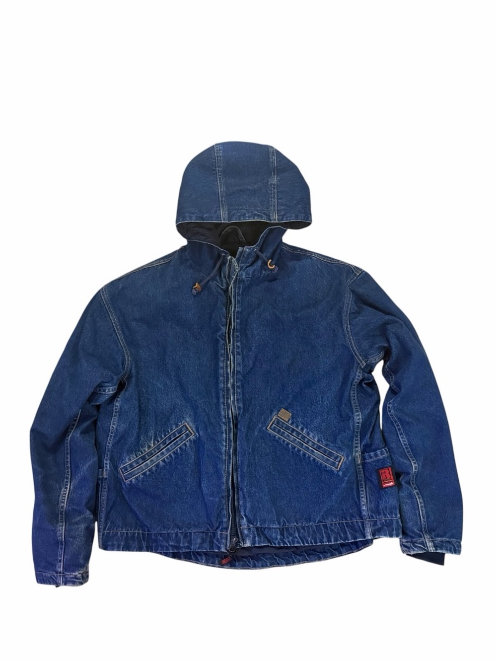 VTG Wrangler Riggs Denim Hooded Winter Jacket Work Quilt Lined Chore Mens Y2K - Picture 2 of 9